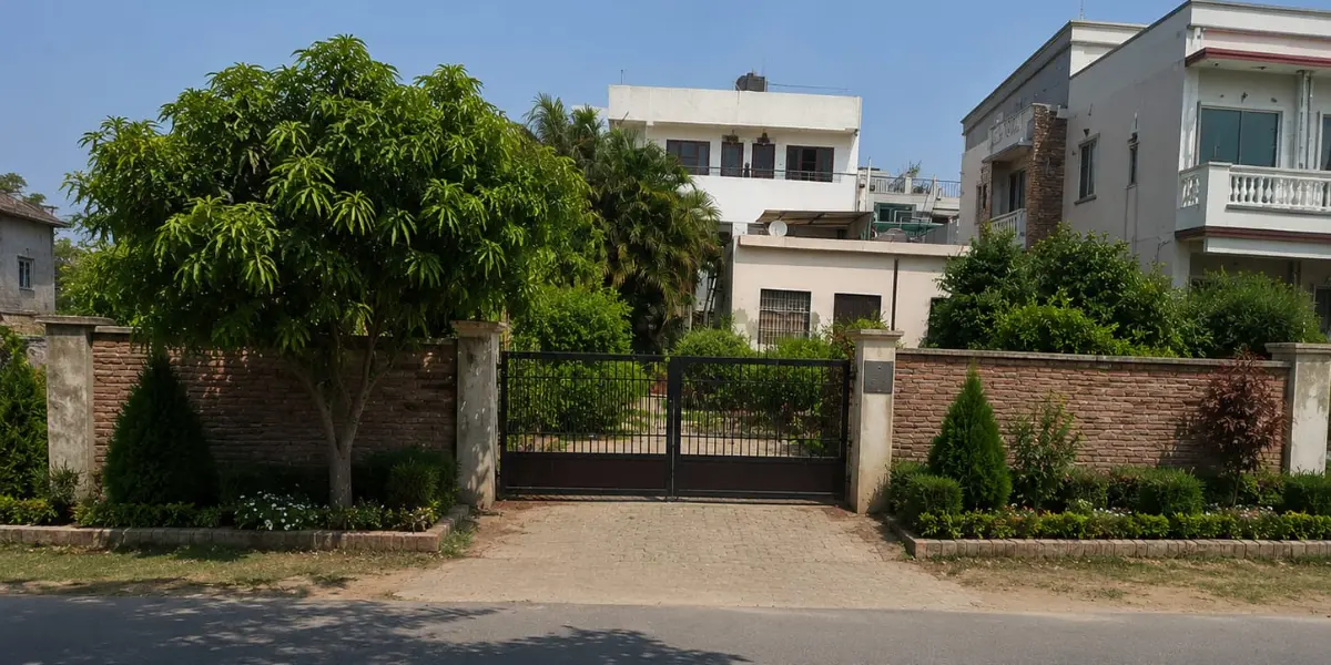 Front view of 10 Marla residential plot for sale on B-Road, Sector 4 Panchkula with brick boundary wall and iron gate
